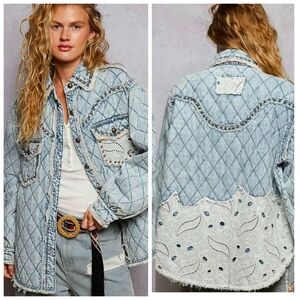 POL Blue Quilted Jean Jacket with Lace